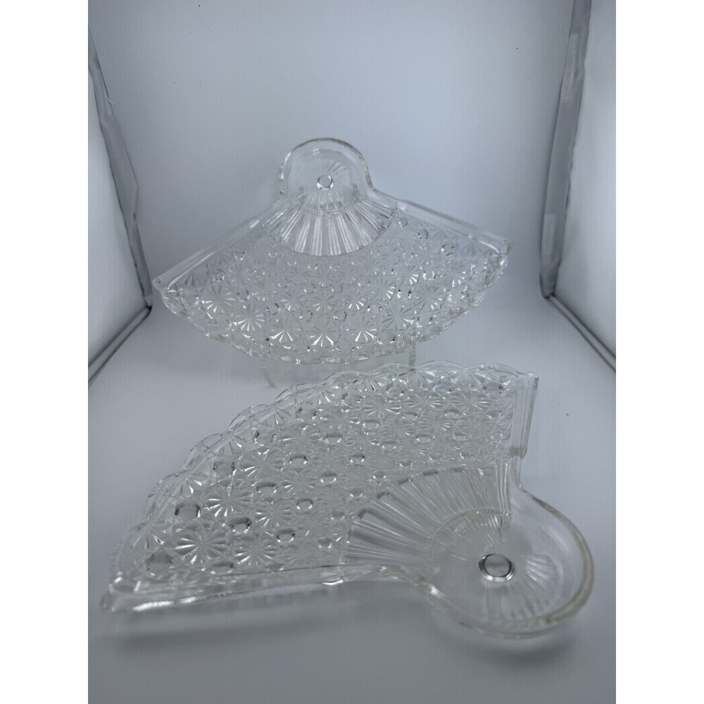 Set of 2 Antique Anchor Hocking Daisy & Button Fan Shaped Appetizer Plates Vtg